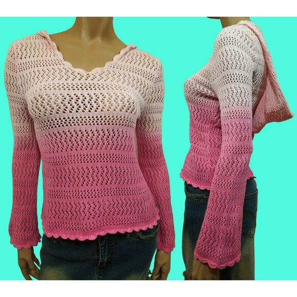 Y2K Crochet Sweater Bell Sleeves Hooded Pink Ombre Size M Fairy Boho 2000s - Picture 1 of 8
